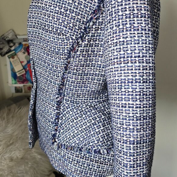 Banana Republic Blue & White Tweed Fringe Trim Single Button Blazer Jacket NWT - Picture 8 of 14